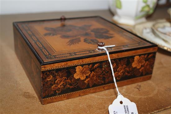 Tunbridge Ware square lidded box, with turned handles, floral spray and foliate banding